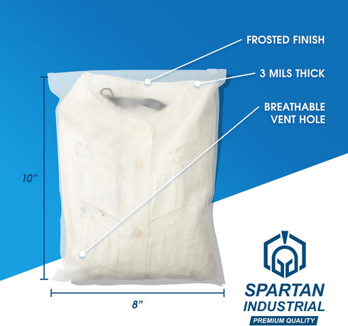 Spartan Industrial - 8" X 10" (100 Count) 3 Mil Frosted Zipper Bags for With Vent Hole - Reclosable Plastic Bags for Clothes, T-Shirts, Leggings by SPARTAN INDUSTRIAL