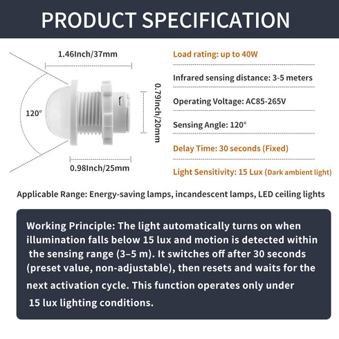 A.I.FORCE 3 Packs 85-265V 40W, 30 15 Bulb Motion Sensor Light Switch, PIR Sensor Smart Detection Switch, Second Delay
