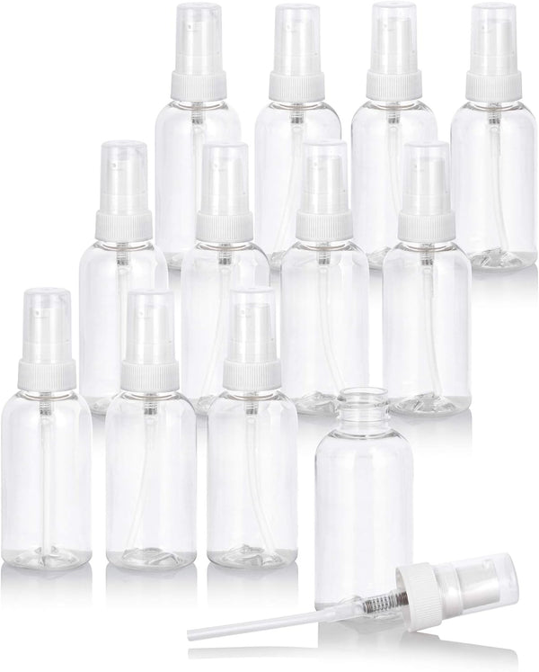 JUVITUS 2 oz / 60 ml Clear Plastic PET Boston Round Bottle, BPA Free with White Treatment Pump (12 pack)