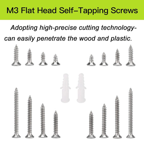 M3 Flat Head Wood Screws Assortment Fasteners Kit, 420pcs Phillips Drive Countersunk Head Self-Tapping Screws, 304