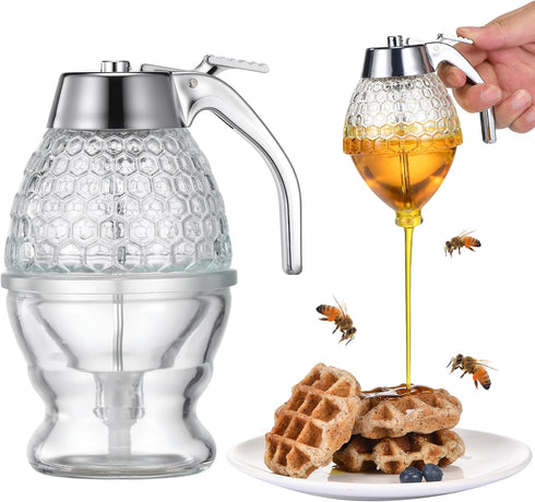 ANABIUP 8 Glass Honey Dispenser Ounces - Drip-Free Honey Jar With Glass Stand, Kitchen Leak-Proof Syrup Dispenser