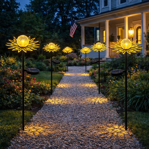 Solar Garden Lights Outdoor Decor, Metal Flower Stake Light with Warm White Crackle Glass Globe, Waterproof Decorative