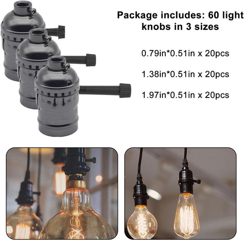 Fukaisu 60pcs E26 3 Lamp Turn Knob On/Off Replacement, Assorted Sizes Light Lamp Socket Switch Twist Knobs Socket Knobs
