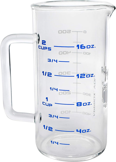 Industrial Beaker Mug - 500ml Extra Heavy Duty 3.3 Borosilicate Glass with Spout - Tall Form, Printed Graduations