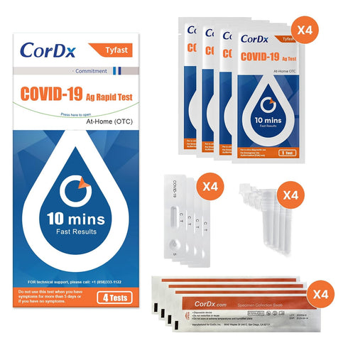 19 10 (4-Pack) CorDx TyFast at Home COVID Antigen Rapid Test Kit, Easy, Accurate, Fast Results in Minutes.