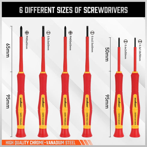 HORUSDY 1000V Mini Insulated Screwdriver Set, 6-Piece Magnetic Tip Slotted (1.8mm, 2.0mm, 2.5mm, 3.0mm) & Phillips