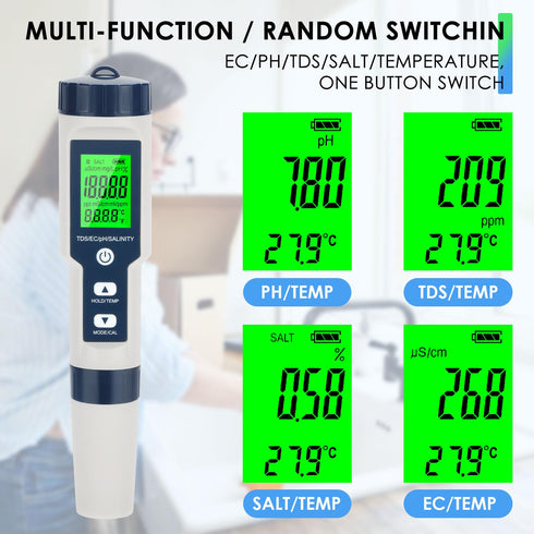 5 1 0.01 in PH Meter for Water, PH/TDS/EC/Temp/Salt Meter, Salt Tester for Saltwater Pool, Resolution High Accuracy