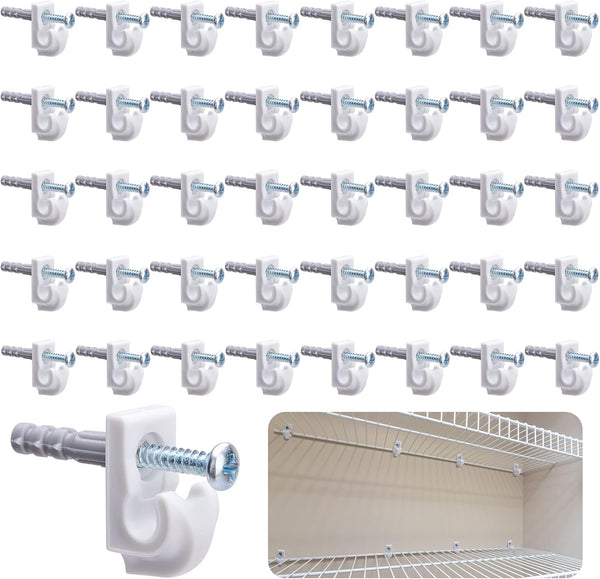 40 Pcs White Down Wall Clips, Wire Shelf Brackets for Closet Shelving with Screws