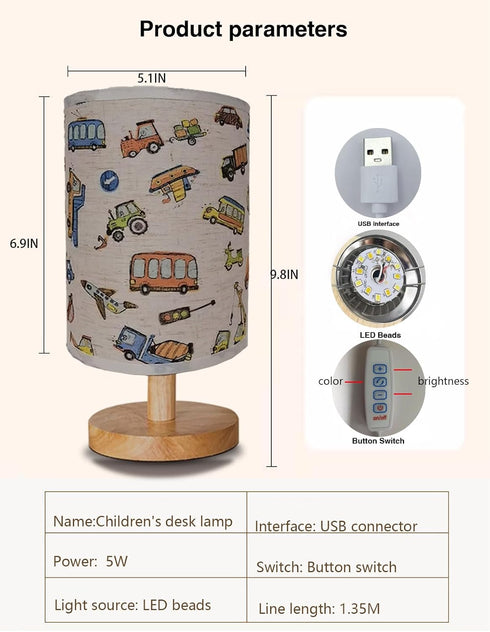 Lamp,3 Dimmable Kids Lamps for Bedrooms Boys,Car Level Wood Nightstand Desk Base Flaxen Fabric Shade for Bedroom Living