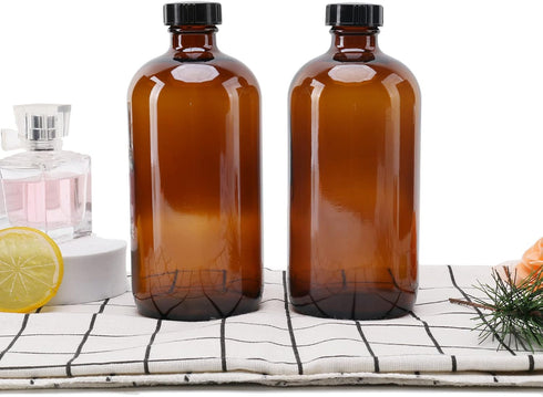 2pcs 16oz Amber Glass Boston Round Bottles with Air Tight Seal, Perfect for Storing Condiments and Homemade Oils