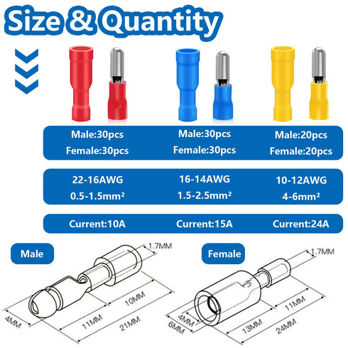 smseace 160PCS Insulated Bullet Connectors Assortment Kit 22-10AWG Bullet wire connectors Female&Male Bullet Connector for Automotive Boat Stereo Industrial Equipment