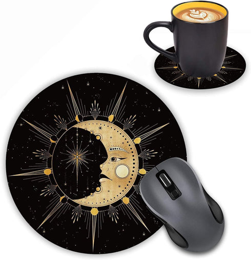 Round Mouse Pad with Coasters Set - Celestial Theme Sun with Crescent Moon Midnight Art Non-Slip Rubber Mousepad
