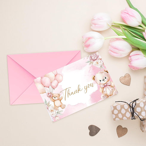 50 Pack 4" 6" Baby Shower Thank You Cards with Envelopes, x Watercolor Bear Balloon Bulk Greeting Cards for Bridal