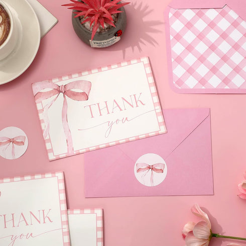 50Pcs JarThenaAMCS Pink Bow Thank You Cards with Envelopes Stickers Greeting Card Watercolor Bow Checkered Blank Note