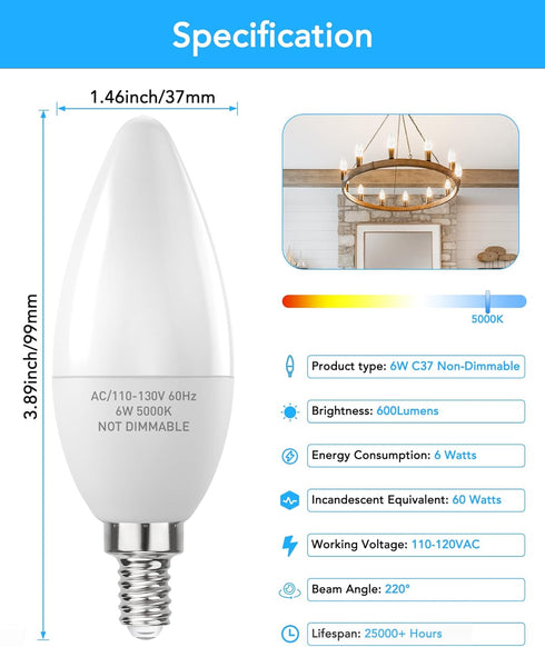 PARTPHONER E12 LED Light Bulbs - B11 Candelabra Bulbs 60W Equivalent, Non-Dimmable 6W LED Candle Bulb (Pack of 6)