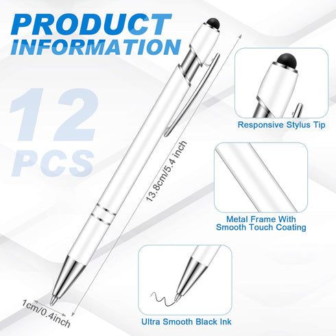 Tenare 12 Pieces Ballpoint Pen with Stylus Tip, 1.0 mm Black Ink Metal Pen 2 in 1 for Touch Screens