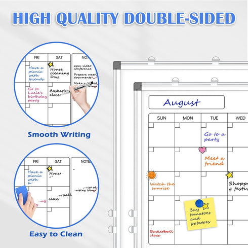 Monthly Calendar Dry Erase Whiteboard, 24" x 18", Magnetic, Double-Sided Portable Board for Office, Kitchen, School