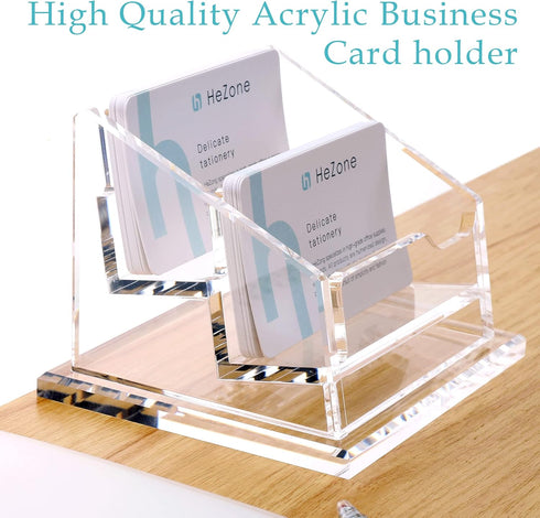 Business Card Holder for Desk Display - Clear Acrylic Office Supplies, 2 Slot Organizer Stand, 1 Pack
