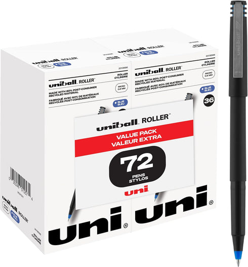 Uniball Roller 72 Pack in Blue, 0.5mm Micro Rollerball Pens, Colorful Office Supplies, Smooth Writing Pens