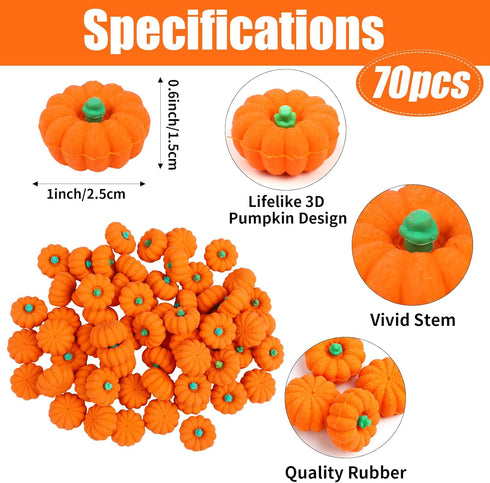 FOIMAS 70pcs 3D Pumpkin Erasers, Mini Rubber Stationery for Kids, Halloween, Thanksgiving, Fall Party Favor