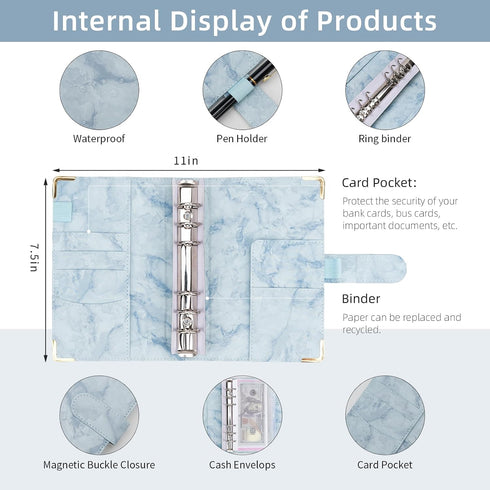 A6 Budget Binder Leather Cash Envelopes Money Saving Binder with Zipper Envelopes for Budgeting Blue