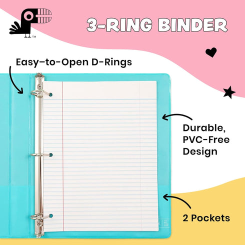 Yoobi 1 Inch Binder Set – 3-Ring Binders with 2 Pockets – Perfect for School or Office – Holds up to 220 Sheets – 4 Pack – Aqua by Yoobi