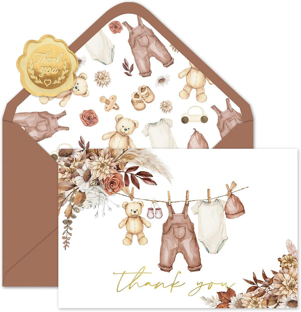 Whaline 50 Pack Baby Shower Thank You Cards Boxed Boho Floral Bear