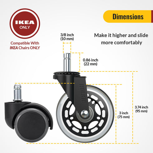 Office Chair Wheels 10x22mm Compatible with IKEA ONLY 3 Inch Roller Blade Casters, Computer Gaming Replacement Rubber Wheels-Set of 5 for Hardwood Floors Desk Chair Wheels