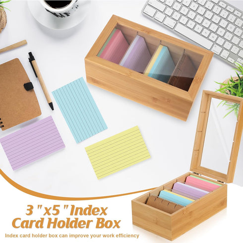 DLUGOPIS 3x5 4 1200 5.9"W 10"D 4"H Bamboo Index Card Organizer - Index Card Holder Box With Dividers - Wood Recipe Box