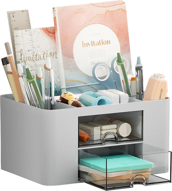 Marbrasse Pen Organizer with 2 Drawers, Multi-Functional Desk Holder with 5 Compartments for Office Art Supplies
