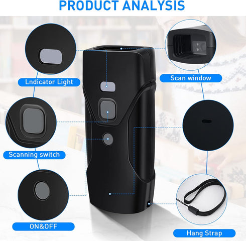 JRHC Mini 2D Bluetooth Barcode Scanner, Portable Wireless 3-in-1 Reader for iOS, Android, Windows, Mac Tablets & PC