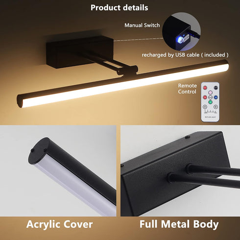 HOWMZON Remote,16 inch Black Picture Light, Battery Operated Painting Lighting with Led Art Lamp, Wirelless Wall
