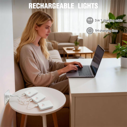 Powfloven 3 Pack Rechargeable Motion Sensor Stair Lights, Smart Wireless Led Battery Operated Night Lights, RGBW Stick