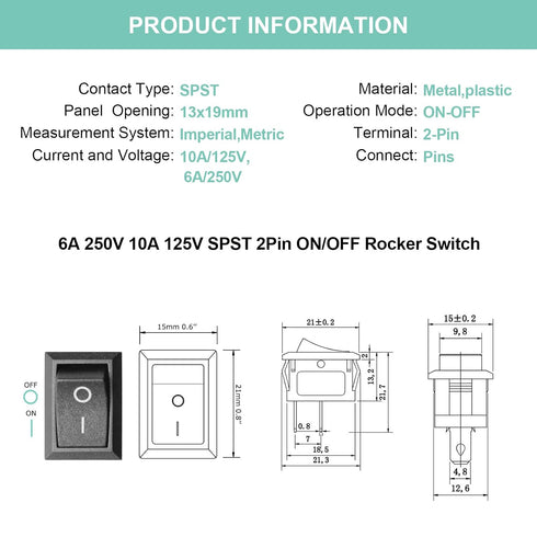 QTEATAK 5Pcs On/Off Boat Rocker Switch, 2 Pin 2 Position Snap, 12V 110V 250V