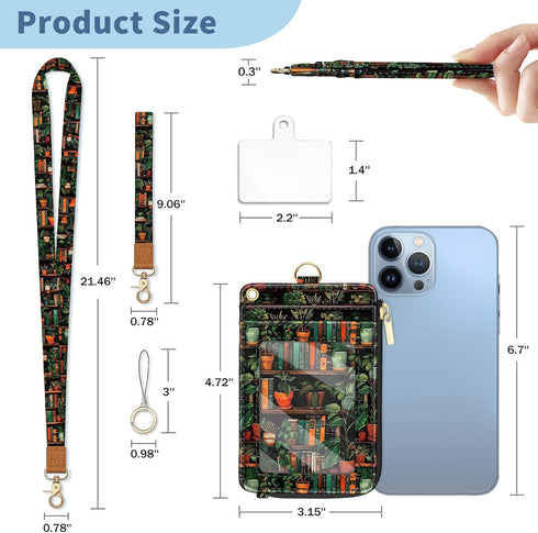 Lanyard Wallet with Id Badge Holder, Bookshelf RFID Small Keychain Wallet Women Wristlet, Cute Zipper Credit Card