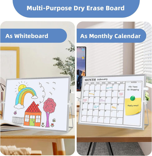Dry Erase White Board, 16 x 12 inches Double-Sided Magnetic Monthly Planner with Stand for Kitchen, School