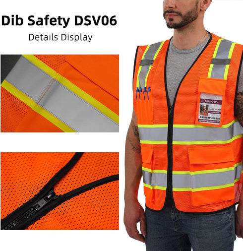 High Visibility Reflective Mesh Vest, Two Tone with Pockets and Zipper, ANSI Class 2 Compliant, Orange Mesh with Yellow
