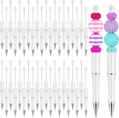 Crtiin 50 Pcs Beadable Plastic Pen Bulk, DIY Ballpoint Pens for Gift Making, Office Supplies (White)