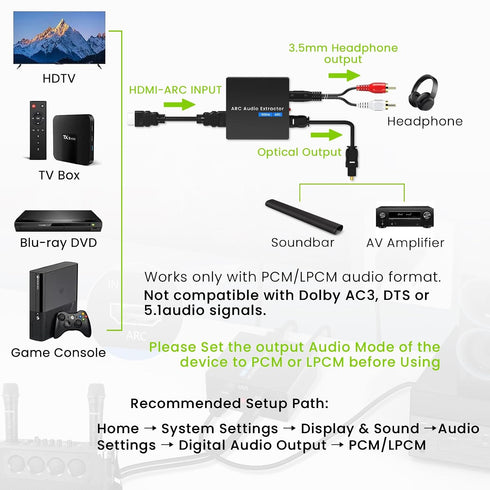 Tihokile 192KHz Toslink/Optical+3.5mm 3.5mm Speaker/Soundbar/Headset ARC Audio Extractor, HDMI ARC to AUX Output, HDMI