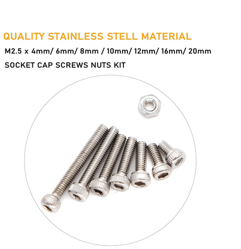 binifiMux 190pcs M2.5 Hex Socket Cap Screws and Hex Nuts Assortment Kit with Wrench, 304 Stainless Steel Silver Tone
