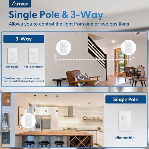 1 Pack Dimmer 3-Way Dimmer, 150W 600W Bulb, Amico Light Switch, Single-Pole or Compatible Slide Control Suitable