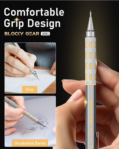 Nicpro Blocky Gear 0.9 mm Mechanical Pencils Set in Case, 3 Pack Metal Pencil with Lead Refills and Erasers