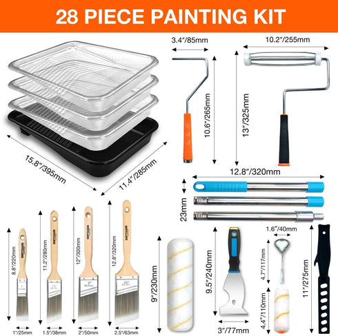 28 Set, 9" 4" Pcs Paint Tray Paint Brush for Wall, Paint Tray, & Paint Roller Covers with Roller Frame, Stainless Steel