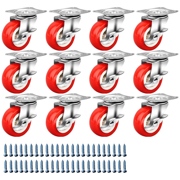 1.5 Inch Heavy Duty Caster Wheels with Brake, Swivel Casters, PVC Wheels, Red, 12 Pack