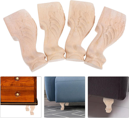 4pcs Set, 12x6cm, FOMIYES Solid Wood Furniture Legs Carved Unpainted Wooden Replacement Legs for Sofa, Tv Stand