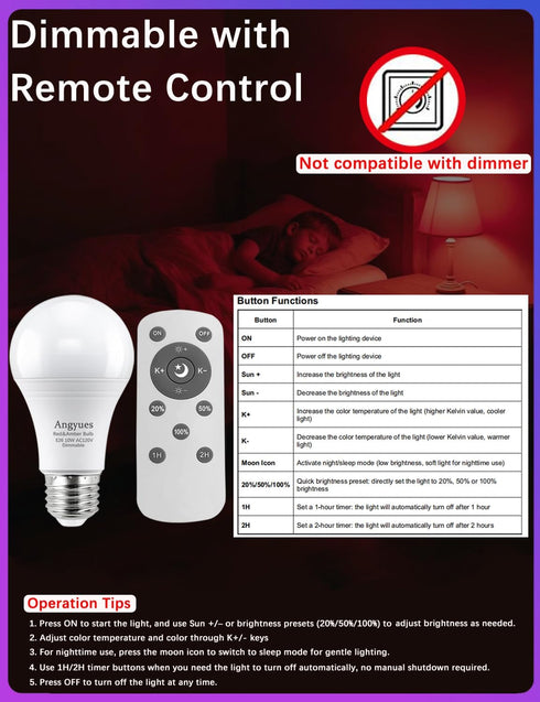 Bulb 660nm 1800K 10W A19 Bulb, E26 2Pack Red and Amber Sleep with Remote Control Choose Red Light or Amberlight,Timer