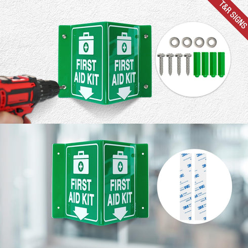 T&R First Aid Kit Sign with Down Arrow, 4 Pack, 8 x 6 Inches Acrylic, Includes Matching Screws