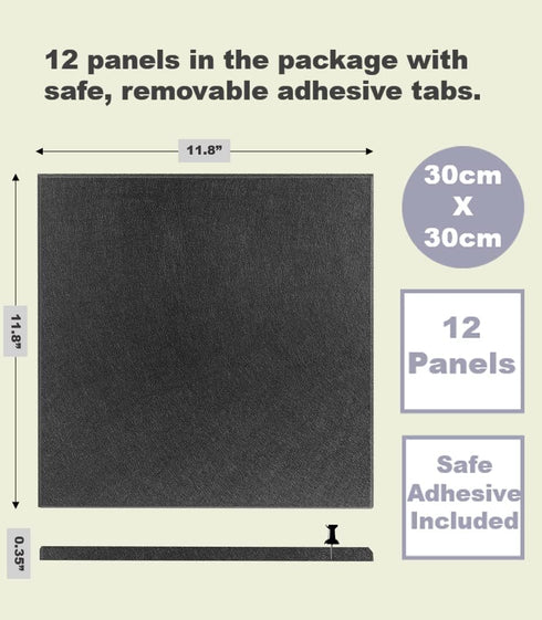 Large Black Cork Board Alternative - 12 Pack Felt Wall Tiles with Removable Adhesive Tabs for Office, Pin Board, Tack