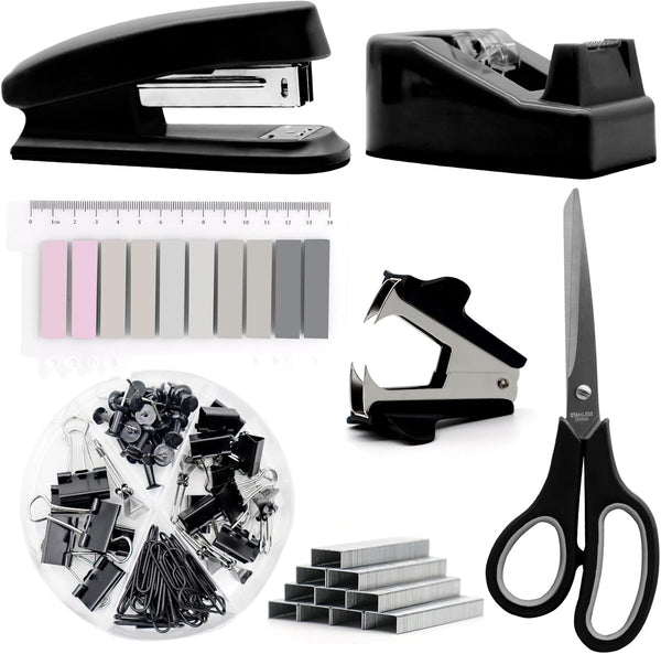 Black Desk Accessories, Stapler and Tape Dispenser Set, Black Office Supplies Kit, Gift for Students and Coworkers
