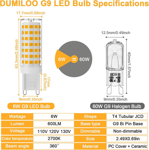 G9 Bulb 6W,60W Equivalent,2700K 600LM, AC120V T4 G9 Bulbs Lighting,G9 Base,Non-Dimmable,6 Pack LED Halogen Warm